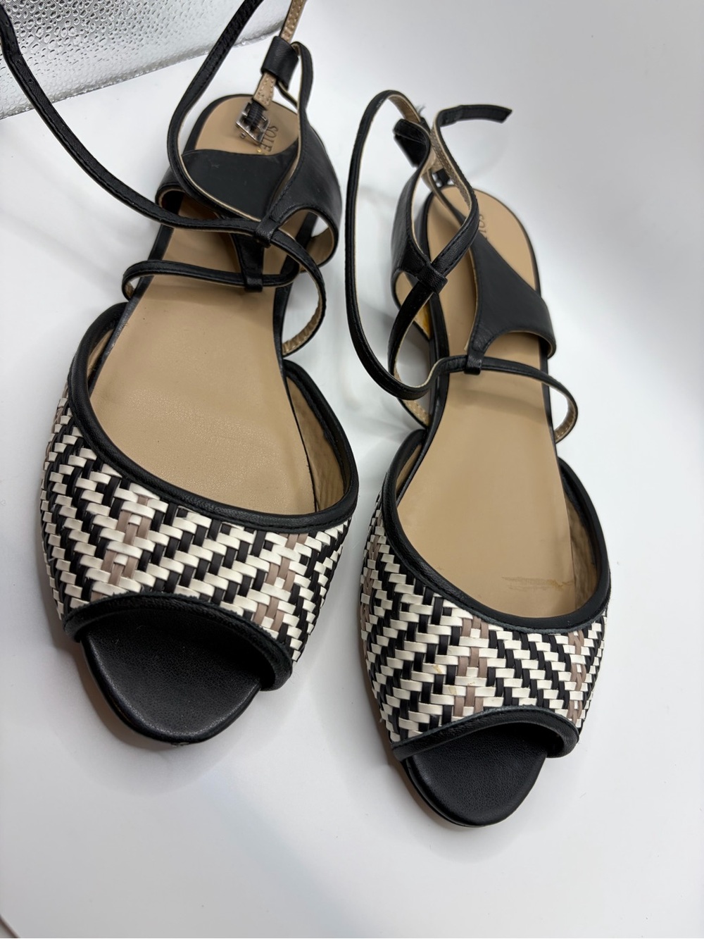 Sole society Woven Peep-Toe Ankle Tie Sandals - Black & Cream